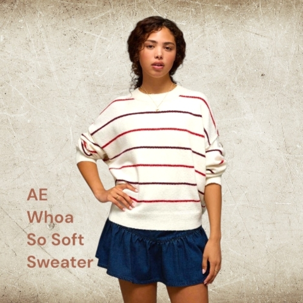 American Eagle Outfitters Whoa So Soft Striped Sweater - Cream and Red